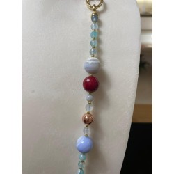 Collana in Agata Celeste, Giada Rubellite ed Ematite - Pietre Naturali