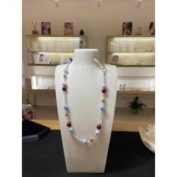 Collana in Agata Celeste, Giada Rubellite ed Ematite - Pietre Naturali