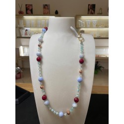 Collana in Agata Celeste, Giada Rubellite ed Ematite - Pietre Naturali