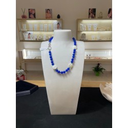 Collana in Giada Ghiaccio Blu e Madreperla - 58cm - Bronzo Rodiato