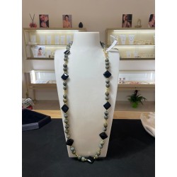 Collana Lunga 100cm Labradorite Verde e Onice - Design Rombi - Oro