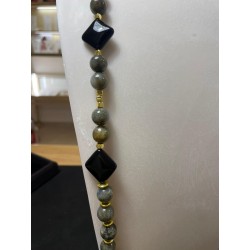 Collana Lunga 100cm Labradorite Verde e Onice - Design Rombi - Oro