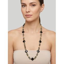 Collana Lunga 100cm Labradorite Verde e Onice - Design Rombi - Oro