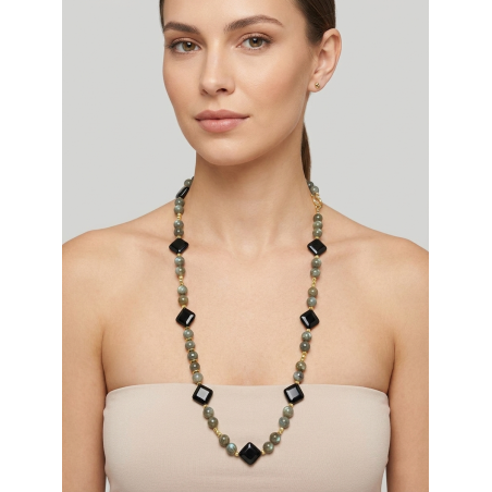 Collana Lunga 100cm Labradorite Verde e Onice - Design Rombi - Oro