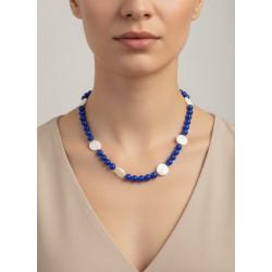 Collana in Giada Ghiaccio Blu e Madreperla - 58cm - Bronzo Rodiato
